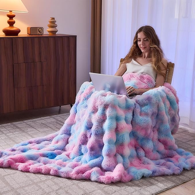 Lotus Karen Faux Fur Throw Blanket Tie-Dye Purple Rainbow - Big Bubble Rabbit Fluff Blanket for Couch, Large Fluffy Fuzzy Cozy Blanket,Thick Furry Plush Shaggy Blankets,90x90 Inches-Ruum Studio Home