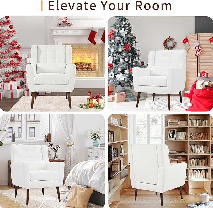 Modern Accent Chair, Upholstered Armchair with Pillow, Teddy Single Sofa Chair with Lounge Seat and Wood Legs Accent Chair for Living Room Bedroom Small Spaces-Ruum Studio Home