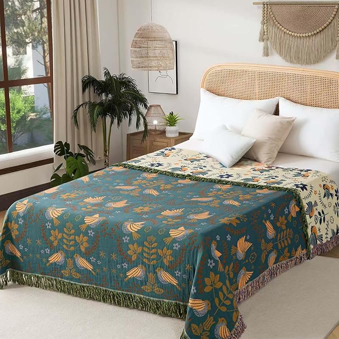 Boho Throw Blanket Queen Size, Oversized Soft Cozy Cotton Muslin Quilt Blanket for Bed Decor, Bird Patterned Couch Sofa Chair Cover, Vintage Farmhouse Cottage Woven Blanket, Green&Beige-Ruum Studio Home