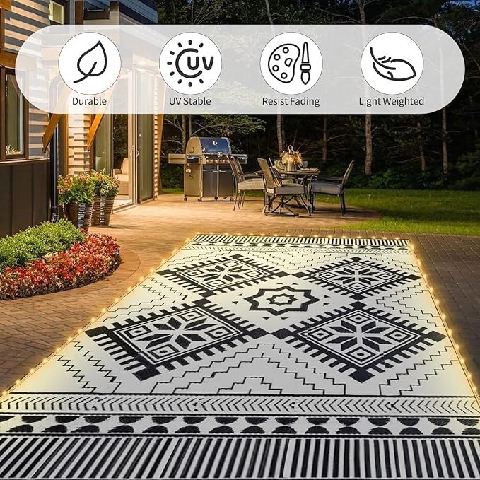 6x9ft Waterproof Outdoor Rug with LED Lights, Boho Reversible Plastic Straw Mat for Patio RV Camping Picnic Balcony Beach Deck Indoor Outdoor Carpet, Black&White-Ruum Studio Home