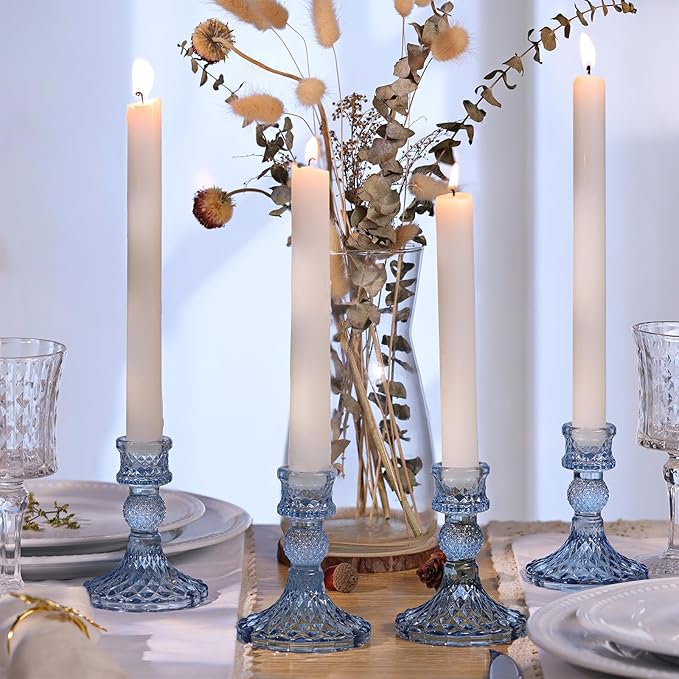 12Pcs 4" H Aqua Blue Candlestick Holders Set- Taper Candle Holders Bulk, Glass Candle Holders for Wedding, Party, Romantic Dinner Table Centerpieces, Festival Gifts & Windowsill Decor-Ruum Studio Home
