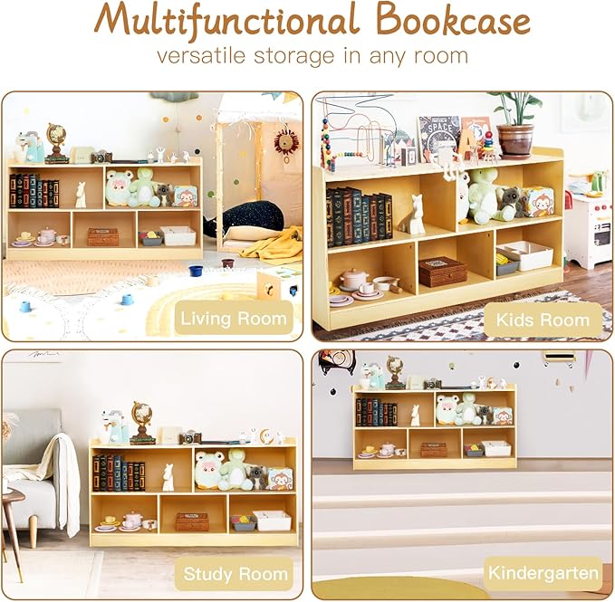 Montessori Shelf, Wooden Toy Storage Organizer for Books Toys, 2 Shelf Bookcase, 5-Section Storage Cabinet, Toddler Book Shelf for Kids Rooms, Playroom, Nursery, Kindergarten (Natural)-Ruum Studio Home