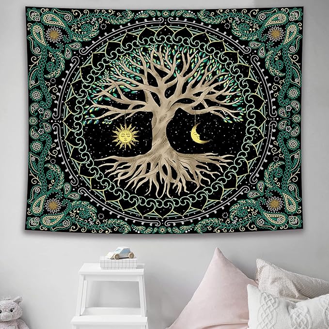 FORATER Tree of Life Wall Hanging - Aesthetic Sun and Moon Tapestry with Vintage Paisley Flowers (53 x 61 inches, Multicolor) for Bedroom, Living Room, Dorm-Ruum Studio Home