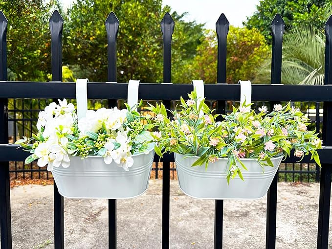 10" Hanging Flower Pots, Pack of 2 White Metal Outdoor Patio Balcony Planter, Railing Planters Fence Pot with Detachable Hook & Drainage Hole for Small Plants (White, 2Pcs)-Ruum Studio Home
