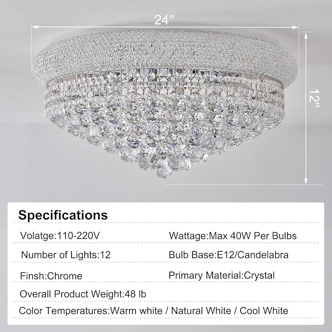 12-Light Crystal Flush Mount Chandelier Ceiling Light Fixture for Living Room Dining Room Bedroom Foyer Entryway Hallway Closet Bathroom (Chrome D24)-Ruum Studio Home