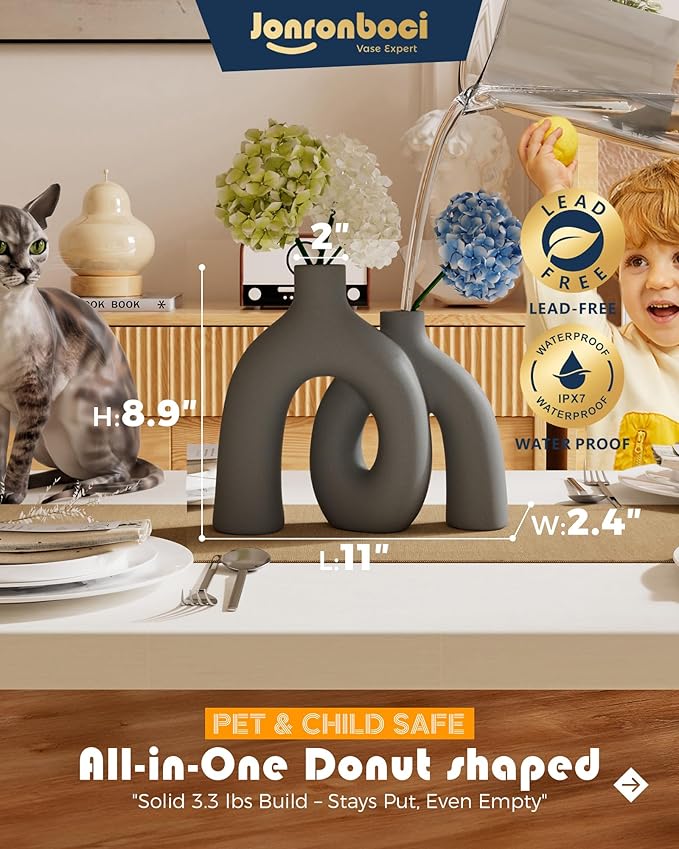 Hug Donut Decorative Vase Set - Dark Gray Modern Minimalism Industrial Style Vases Home Decor, Matte Ceramic Decorations for Living Room Shelf, Bookshelf Mantle Entryway Table or Console Décor(Gray)-Ruum Studio Home