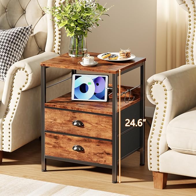 Furologee Night Stand with Charging Station, Bedside Table with Fabric Drawers, End Table with USB Ports & Outlets, Rustic Nightstand with Storage Shelf & Hooks, for Living Room/Bedroom, Rustic Brown-Ruum Studio Home