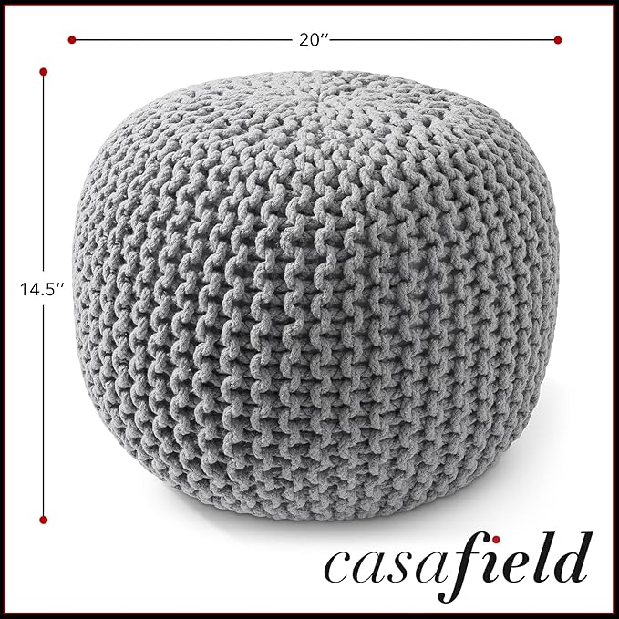 Casafield Round Pouf Ottoman, Light Gray - 20" Diameter x 14.5" High Cotton Knit Foot Stool - Boho Floor Pouffe for Living Room, Bedroom, Home Office-Ruum Studio Home