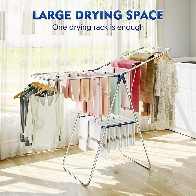 APEXCHASER Clothes Drying Rack, Drying Rack Clothing with Height-Adjustable, Foldable Gullwings Laundry Drying Rack, Indoor Outdoor Use, No Assembly-Ruum Studio Home