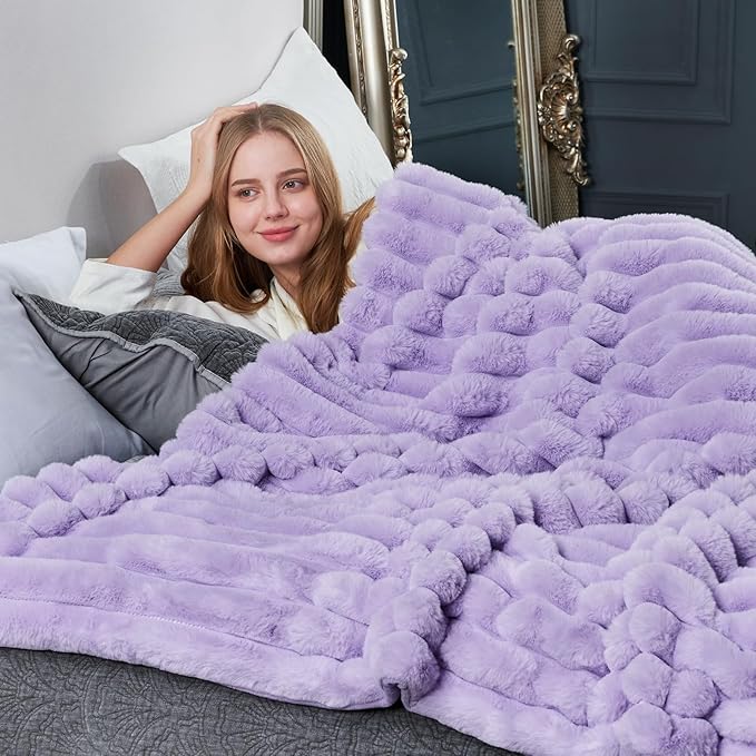Cozy Bliss Faux Fur Throw Blanket for Couch, Cozy Warm Plush Striped Blanket for Sofa Bedroom Living Room, 60 * 80 Inches Lavender Purple-Ruum Studio Home