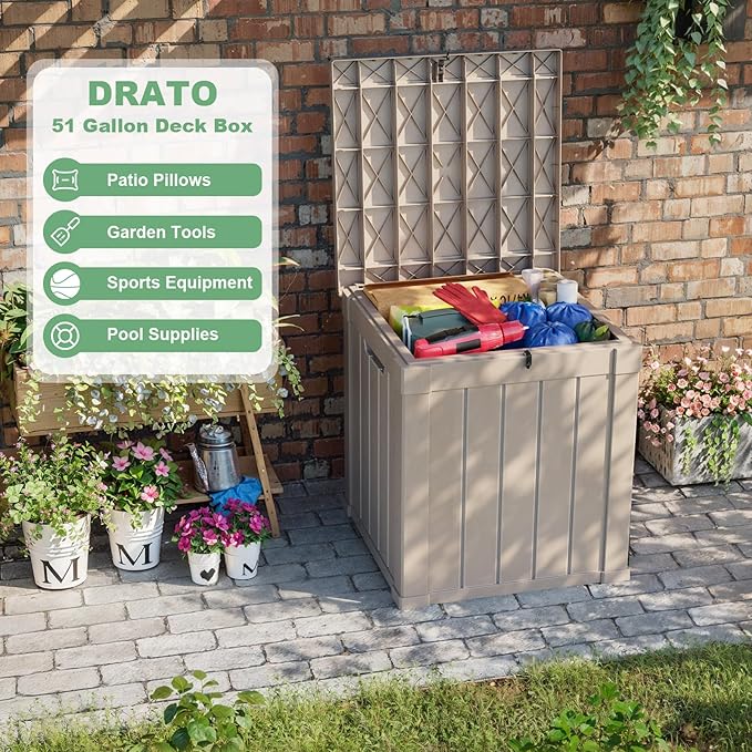 DRATO 50 Gallon Deck Box, Outdoor Storage Box for Patio Cushion, Sports Equipment, Garden Tools, Waterproof Patio Storage box, Lockable (Light Brown)-Ruum Studio Home