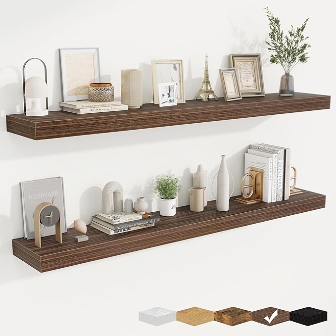 fuqing Floating Shelves for Wall, Bathroom Shelf Wall Mounted for Storage, Shelves with Invisible Bracket for Bedroom, Kitchen, Living Room, Farmhouse Small Book Shelf, 55 Inch Set of 2, Walnut-Ruum Studio Home