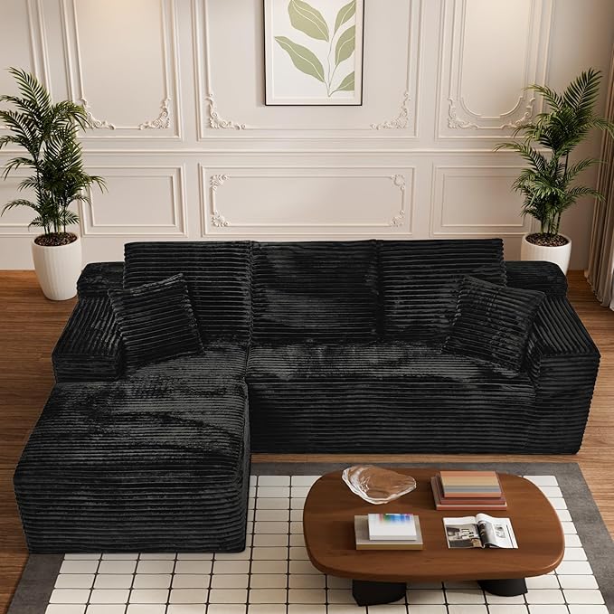 Modular Sectional Sofa Cloud Sectional Couch, 107" Comfy Fluffy L Shaped Black Couches for Living Room, Deep Seat Memory Foam Plush Corduroy Boneless Couch Sectionals with Left Facing Chaise Sofa-Ruum Studio Home