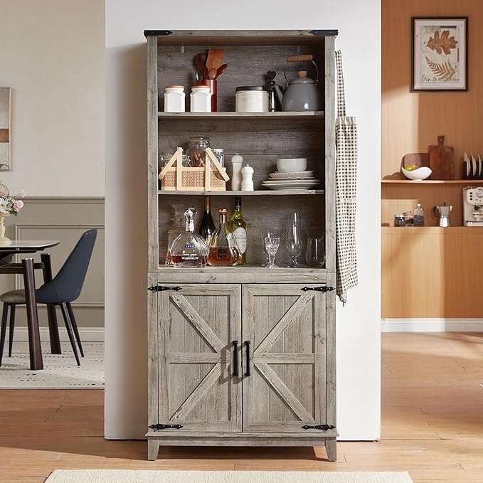 70in Tall Bookshelf 5 Tier Bookcase with Barn Doors and Adjustable Shelves, Grey Farmhouse Book Shelf with Storage Cabinet, Wood Freestanding Display Bookshelves for Bedroom, Living Room-Ruum Studio Home