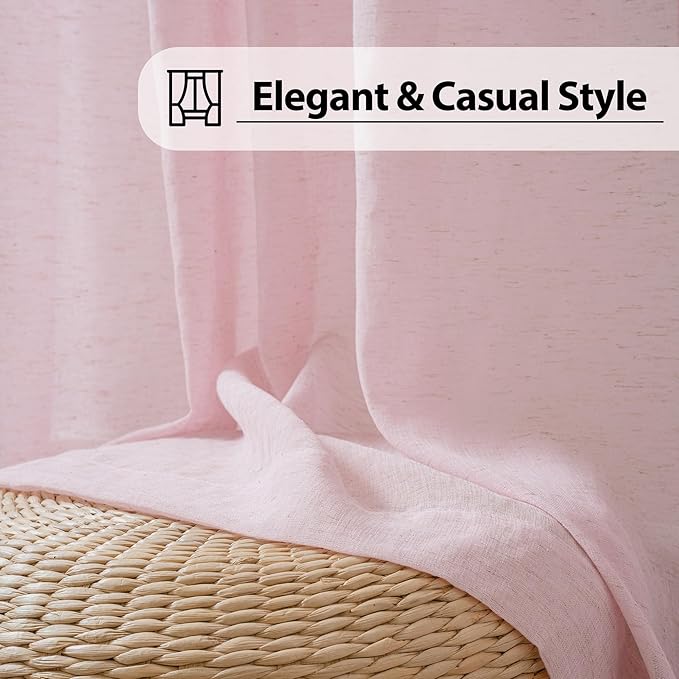 FMFUNCTEX Linen Sheer Curtains for Bedroom, Pink Curtains 96 inches Long for Living Room, Blush Pink Farmhouse French Flax Blend Window Draperies, Rod Pocket 2 Panels Set-Ruum Studio Home
