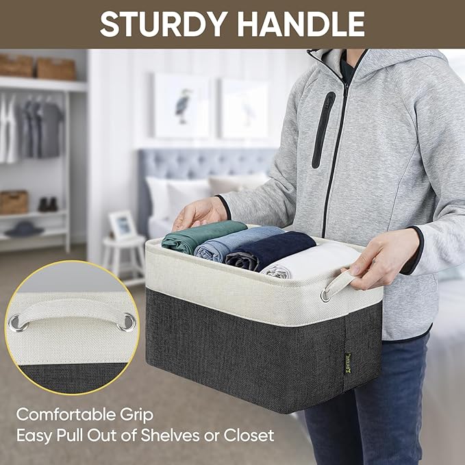 BALEINE 2 Pack Fabric Storage Bins for Shelves, Linen Storage Baskets for Organizing, Decorative Closet Bins for Clothes, Home (Black, 15"x11"x9.5")-Ruum Studio Home