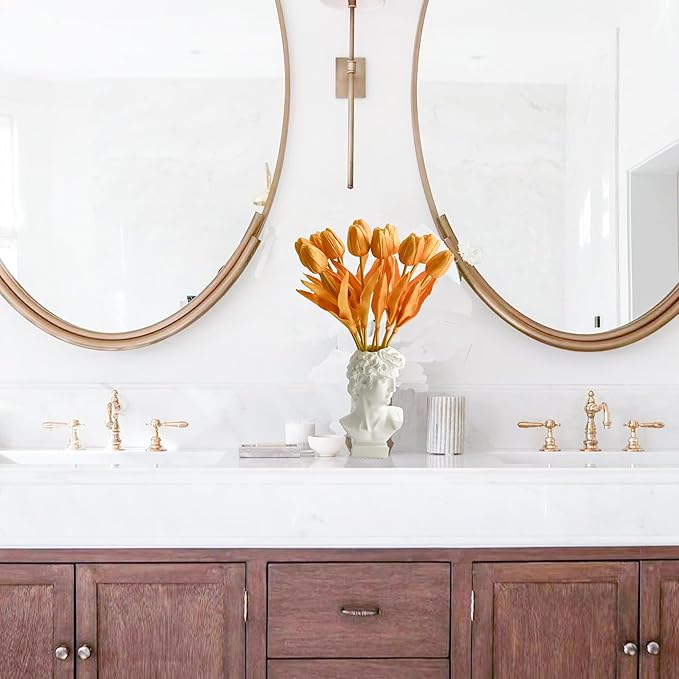 Mandy's Artificial Tulips 12 Stems Fully Gold PU Faux Flowers for Wedding Home Decor 13.5 Inch-Ruum Studio Home