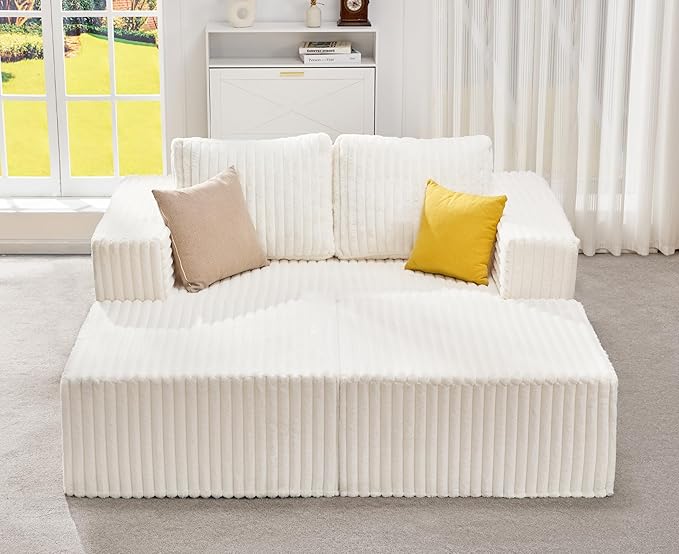 Hobestluk Modular Sectional Sofa Memory Foam Couch Sofa Bed Loveseat with Chaises Cloud Couch with Removable Cover Large Sectional Couches for Living Room (Strip White, Sofa Bed)-Ruum Studio Home