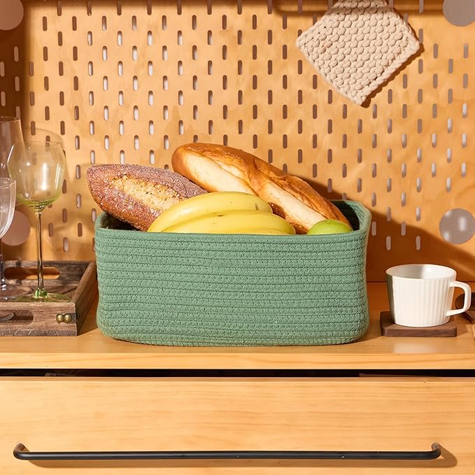 Small Storage Baskets for Organizing | Closet Organizer Bins | Shelf Toy Basket | Woven Rope Baskets | Cube Decorative Box | Shallow Basket | 13x8.5x5.1” | 4 Packs Green-Ruum Studio Home