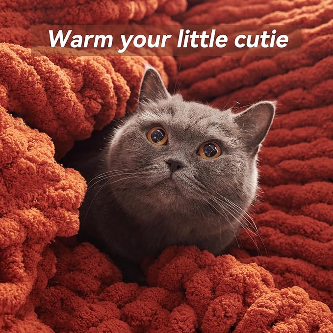Chunky Knit Throw Blanket, 40''*50'' Fall Throw Blanket Knitted Chenille Yarn for Bed Couch, Handmade Orange Crochet Big Thick Blanket, Machine Washable Cute Comfy Blankets for Home Decor-Ruum Studio Home