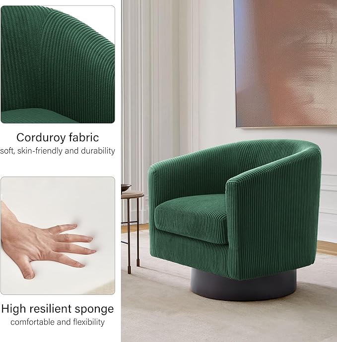 Swivel Barrel Accent Chair, Modern Round Corduroy Fabric Arm Chair for Living Room, Bedroom, Comfy Club Reading Chairs for Adults, Corduroy Dark Green-Ruum Studio Home