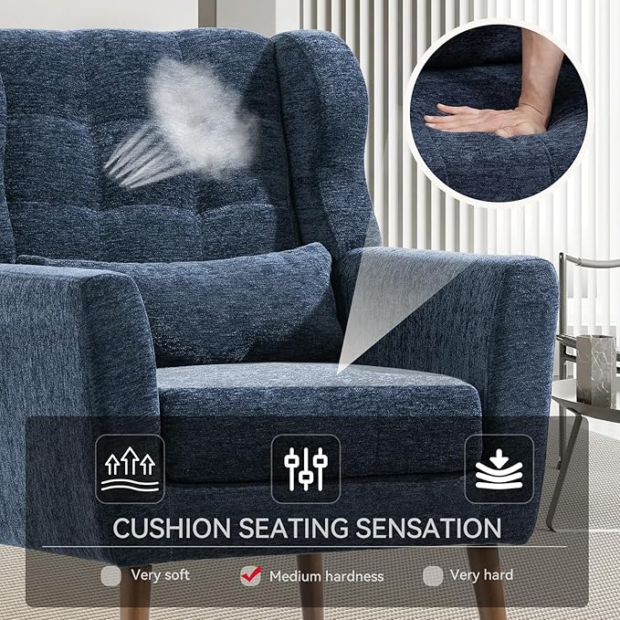 Modern Accent Chair, Upholstered Armchair with Pillow, Fabric Single Sofa Chair with Lounge Seat and Wood Legs Accent Chair for Living Room Bedroom Small Spaces (Dark Blue)-Ruum Studio Home