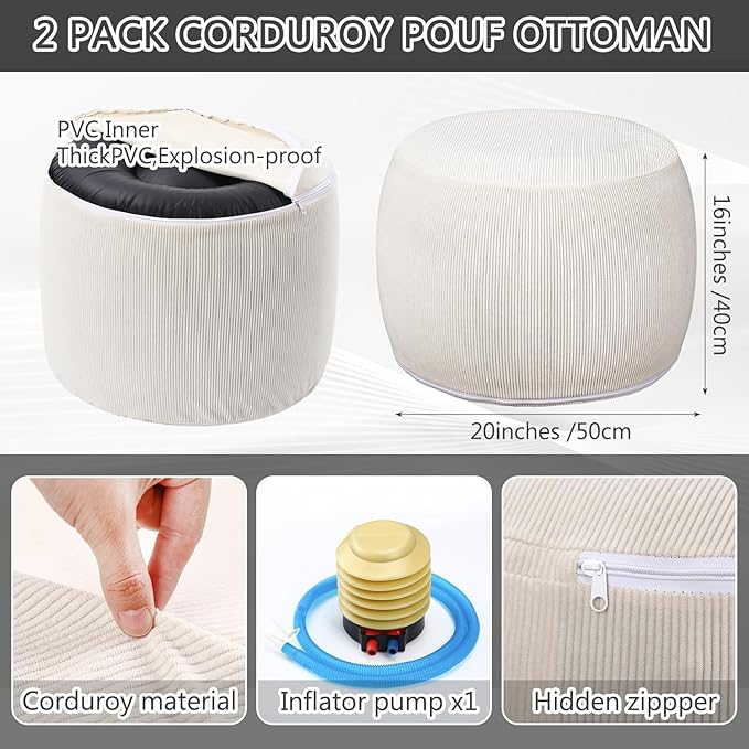 2 Pack Round Inflatable Pouf Ottoman Foot Rest for Couch 20 x 16 Inch Cozy Portable Floor Corduroy Poufs Foot Stool Ottoman with Pump for Living Room Bedroom Chair, Beige-Ruum Studio Home