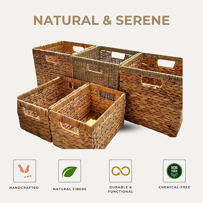 Woven Basket For Shelves, Baskets for Organizing, Wicker Storage Basket with Built-in Handles, Natural Baskets for Toys, Kitchen Storage (Medium 2-Pack, Natural Water Hyacinth)-Ruum Studio Home