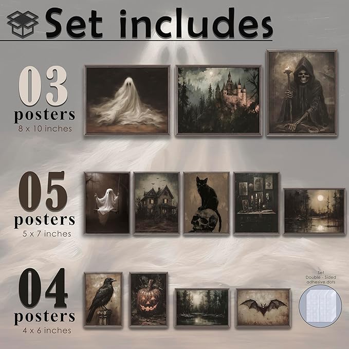 LANCHI95 12 Pcs Halloween Wall Art Prints, Vintage Witch Posters, Cute Ghost Pictures for Bedroom Decor (UNFRAMED)-Ruum Studio Home
