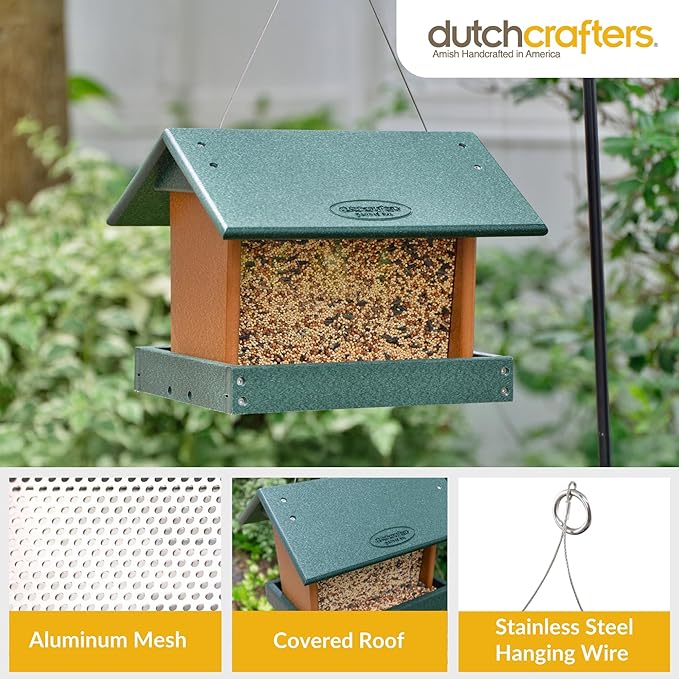 Poly Hanging Hopper Bird Feeder, Large Hanging Bird Feeder for Outside, Outdoors - Amish American Made (Turf Green & Cedar)-Ruum Studio Home