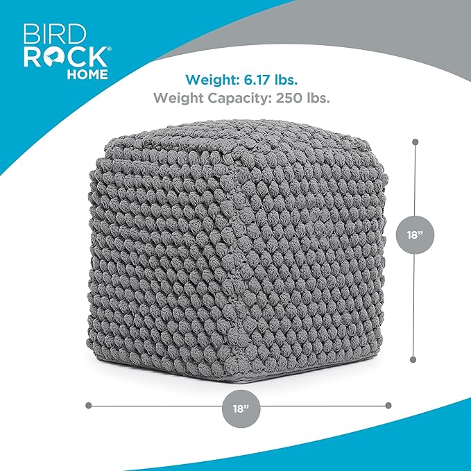 BIRDROCK HOME Buds Pouf Foot Stool Ottoman - Knit Bean Bag Floor Chair - Cotton Braided Cord - Great for The Living Room, Bedroom and Kids Room - Small Furniture (Grey - Buds)-Ruum Studio Home
