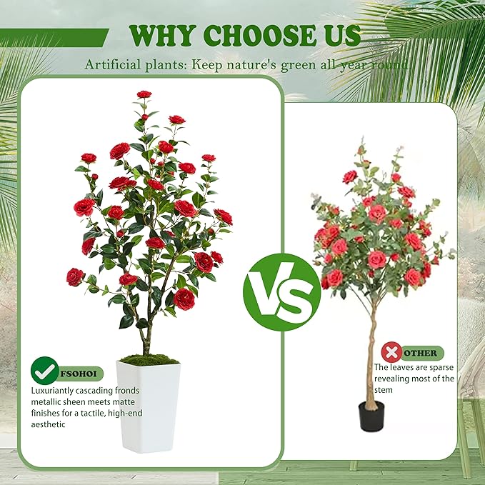 Artificial Camellia Tree 5FT Faux Trees Indoor Fake Floral Plant Blooming Tree with Red Flowers & White Tall Planter, Faux Camellia Plants for Porch Home Room Bedroom Office Front Door Outdoor Decor-Ruum Studio Home