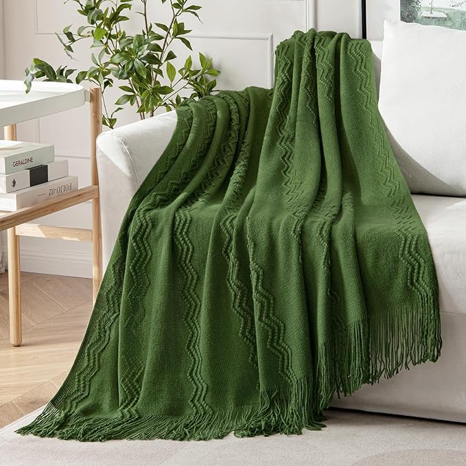 MIULEE Olive Green Knitted Throw Blanket for Couch Boho Textured Cozy Woven Blanket with Tassels for Sofa Chair Bed Living Room Spring Acrylic Wave Pattern 50"x60"-Ruum Studio Home