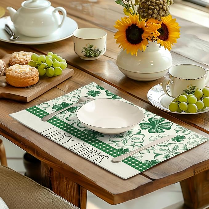 Green Shamrock St Patricks Day Placemats Set of 4 Lucky Clover Plaid Check Table Mat 12x18 Inch St. Patrick's Day Seasonal Holiday Place Mats Spring Linen Placemat for Party Kitchen Dining Decor-Ruum Studio Home