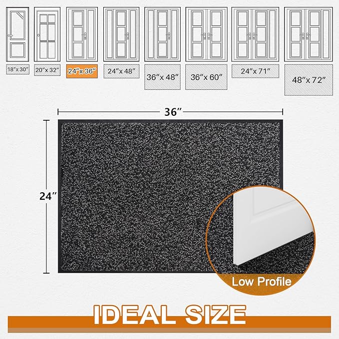 Mibao Front Door Mat, Dirt Trapper Welcome Mat for Outdoor Indoor, Non-Slip Waterproof Doormat, Durable Machine Washable Low Profile Entry Rug for Back Door Outside Patio Porch, 36" x 24", Black-Ruum Studio Home