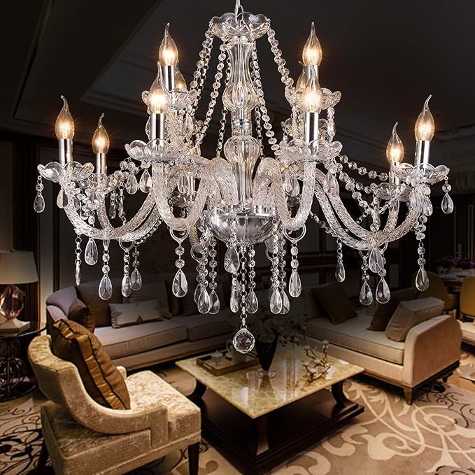 LIUMANG Modern Elegant 12 Lights K9 Crystal Glass Chandelier Pendant Ceiling Lighting European Style for Dining Living Room Bedroom Transparent,12 E12 Bulbs Required-Ruum Studio Home