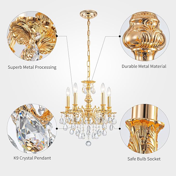 French K9 Crystal Maria Theresa Chandeliers, Luxury Vintage Pendant Light Fixture for Dining Room, Living Room, D17.7*H25~72 inch (Adjustable), Clear Crystal & Brass Finish Frame-Ruum Studio Home