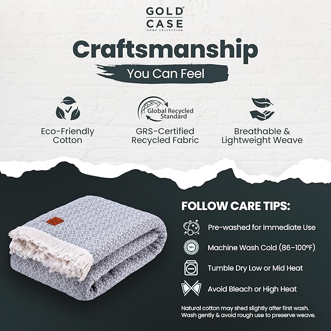 Gold Case Throw Blanket for Bed – 100% Recycled Turkish Cotton Bed Blanket – Decorative Throw Cotton Blankets for Living Room & Bedroom – Woven Twin Blankets - 71x90 - Grey-Ruum Studio Home