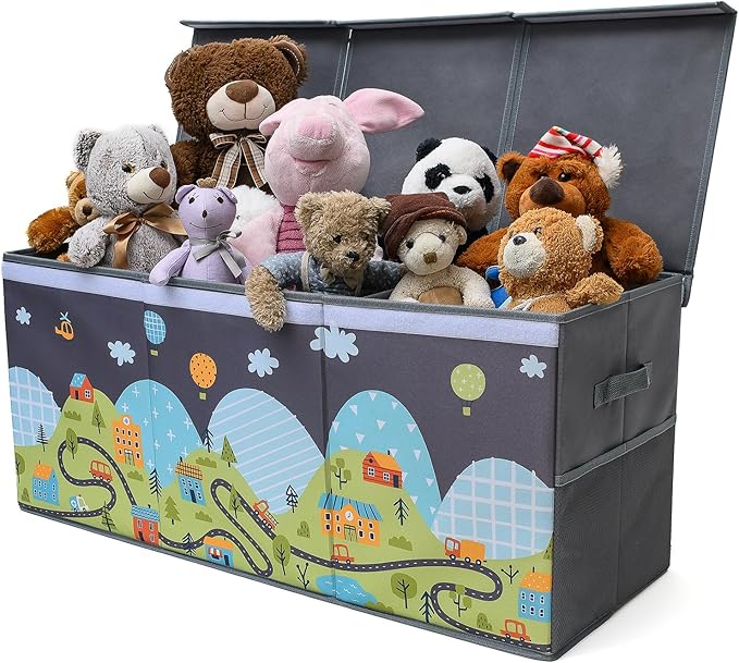 Extra Large Toy Storage Organizer with Lid - Sturdy, Collapsible Toy Chest Storage Box with Cute Design - Toys Bin with Dividers for Kids, Boys, Girls, Nursery, Bedroom, Play room 37"x16"x14"-Ruum Studio Home