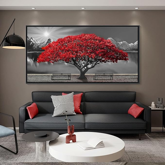 Framed Black and White Red Tree Wall Art Canvas Print Picture Large Red Tree Landscape Modern Artwork for Living Room Bedroom Office Home Wall Decor With 24X48inch-Ruum Studio Home