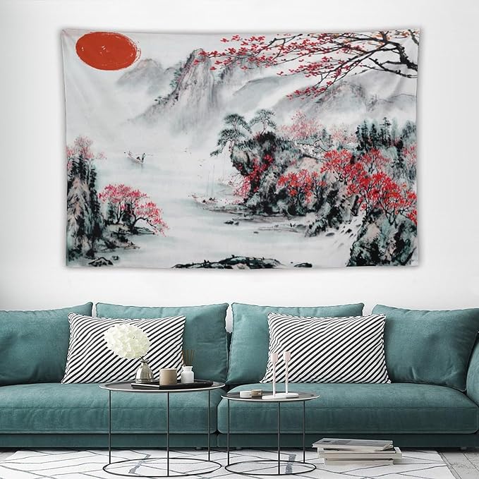 Cherry Blossoms Tapestry,Japanese Red Landscape Asian Watercolor Abstract Art Tapestry, Asian Japanese Wall Tapestry, Nature Landscape Tapestries for Bedroom Living Room Decor 90"x60"-Ruum Studio Home