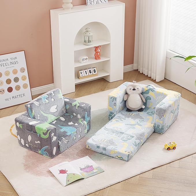 Toddler Chair Kids Couch, 2-in-1 Toddler Soft Sherpa Couch Fold Out Armchair with Removable Cover, Convertible Reading Chair Toddler Sofa for Kids, Glow in The Dark Plush Grey Dinosaur-Ruum Studio Home