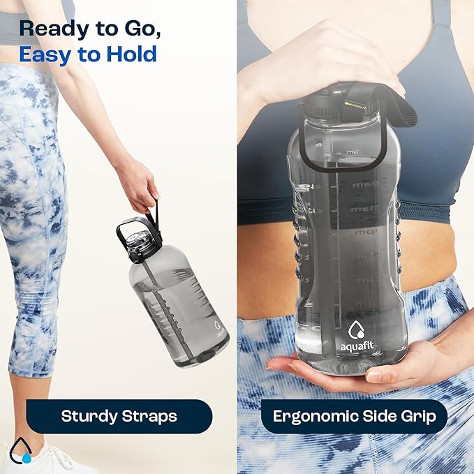 AQUAFIT 128 oz Water Bottle with Time Marker - 2in1 Straw & Chug Lid - BPA Free Big Jug with Straw - Gym Water Bottle with Strap (128 Ounces, Clarity)-Ruum Studio Home