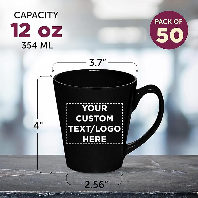 DISCOUNT PROMOS Custom Glossy Ceramic Latte Coffee Mug 12 oz. Set of 50, Personalized Bulk Pack - Perfect for Tea, Espresso, Cappuccino, Hot Cocoa - Black-Ruum Studio Home