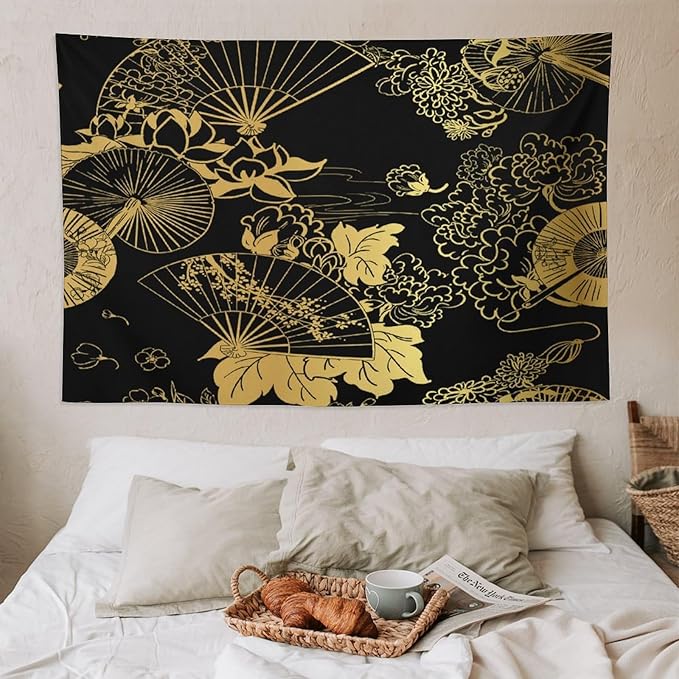 HZOHNAGO Japanese Tapestry Gold Flowers Umbrella Fan Pattern Printed Wall Tapestry Painting Wall Hanging for Bedroom Living Room Dorm 90" W x 60" H-Ruum Studio Home