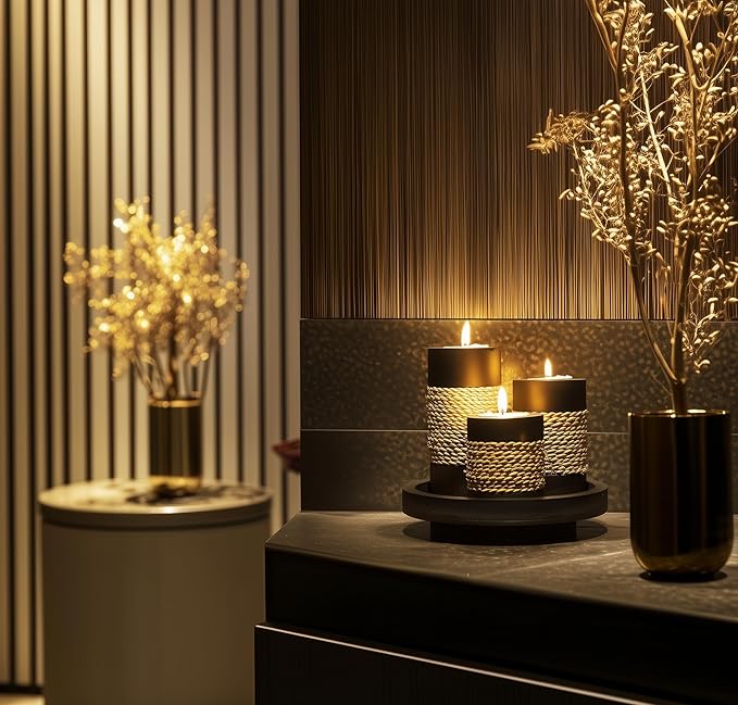 IYARA CRAFT Tealight Candle Holders with Tray – Set of 3 Handmade Wooden Candle Holders with Natural Rope Accent – Rustic Black Decor for Table Centerpiece, Office or Gift-Ruum Studio Home