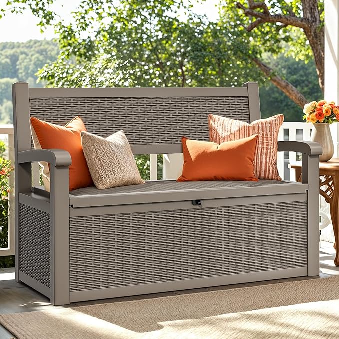 YITAHOME 70 Gallon Storage Bench Deck Box, Lockable Patio Bench, Waterproof Outdoor Pool Deck Storage for Patio Cushions, Garden Tools and Pool Supplies, Light Brown-Ruum Studio Home