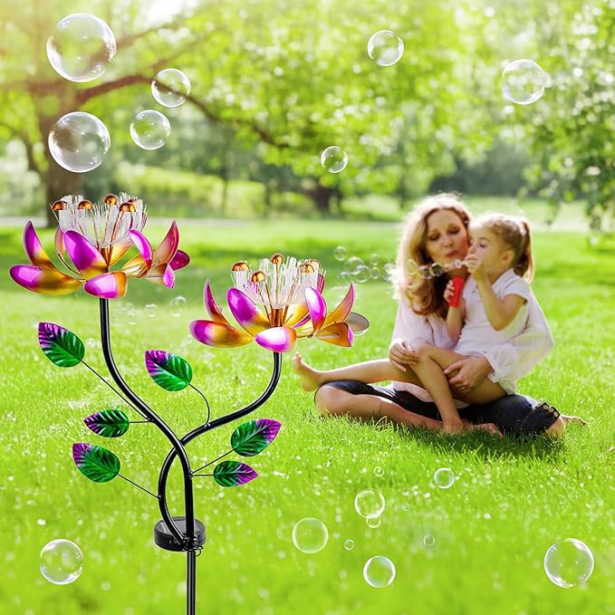 55'' Solar Powered Kinetic Wind Spinner Sculpture Pink Lotus Metal Stake Spinner for Patio, Lawn and Garden Decor Weather-Resistant Outdoor Art with Dual Lotus Design-Ruum Studio Home