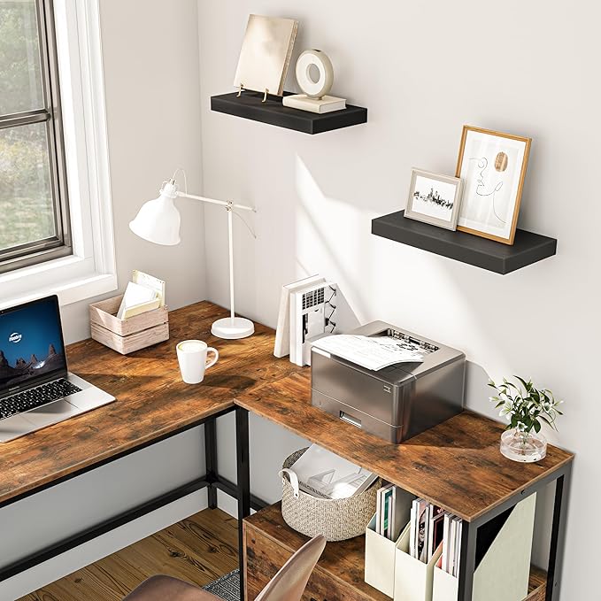 HOOBRO Floating Shelves for Wall, Wall Mounted Shelf Set of 2, 15.7" Hanging Shelf with Invisible Brackets, for Wall in Bathroom, Bedroom, Toilet, Kitchen, Living Room, Office, Black BK40BJ01-Ruum Studio Home