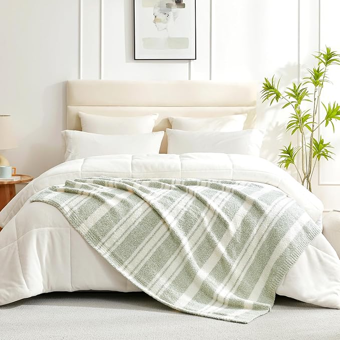 Snuggle Sac Stripe Sage Green Blanket Twin Size, Reversible Super Soft Warm Bed Blankets, Cozy Knit Fuzzy Blanket for Bed,Sofa, Living Room, Stripe Green, 60"x80"-Ruum Studio Home